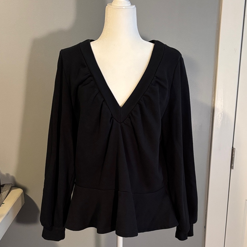 Anthropologie Black V-Neck Knit Terry top with peplum hem